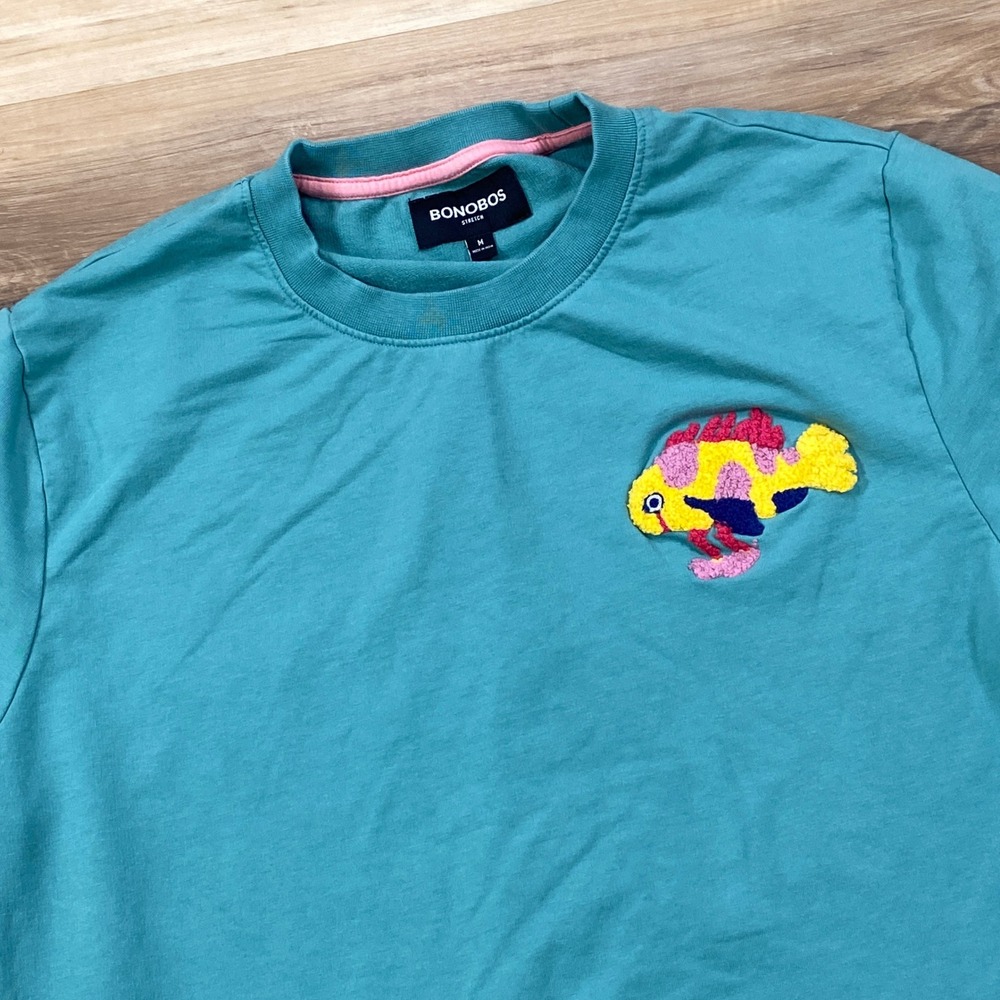 Bonobos Sweatshirt Mens M Fish Embroidery Cotton Stretch Crewneck Teal Casual